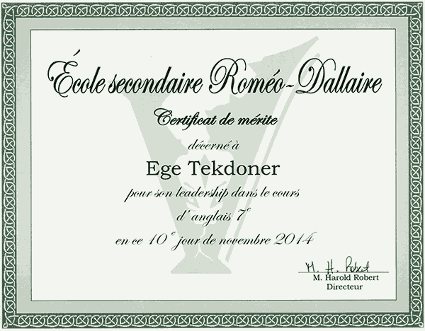 Ege TEKDONER, Roméo Dallaire, Certificat/Canada 2014